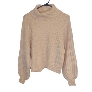 Truth by Republic Cable & Fisherman Knit Bishop Sleeve Cream Short Sweater EUC